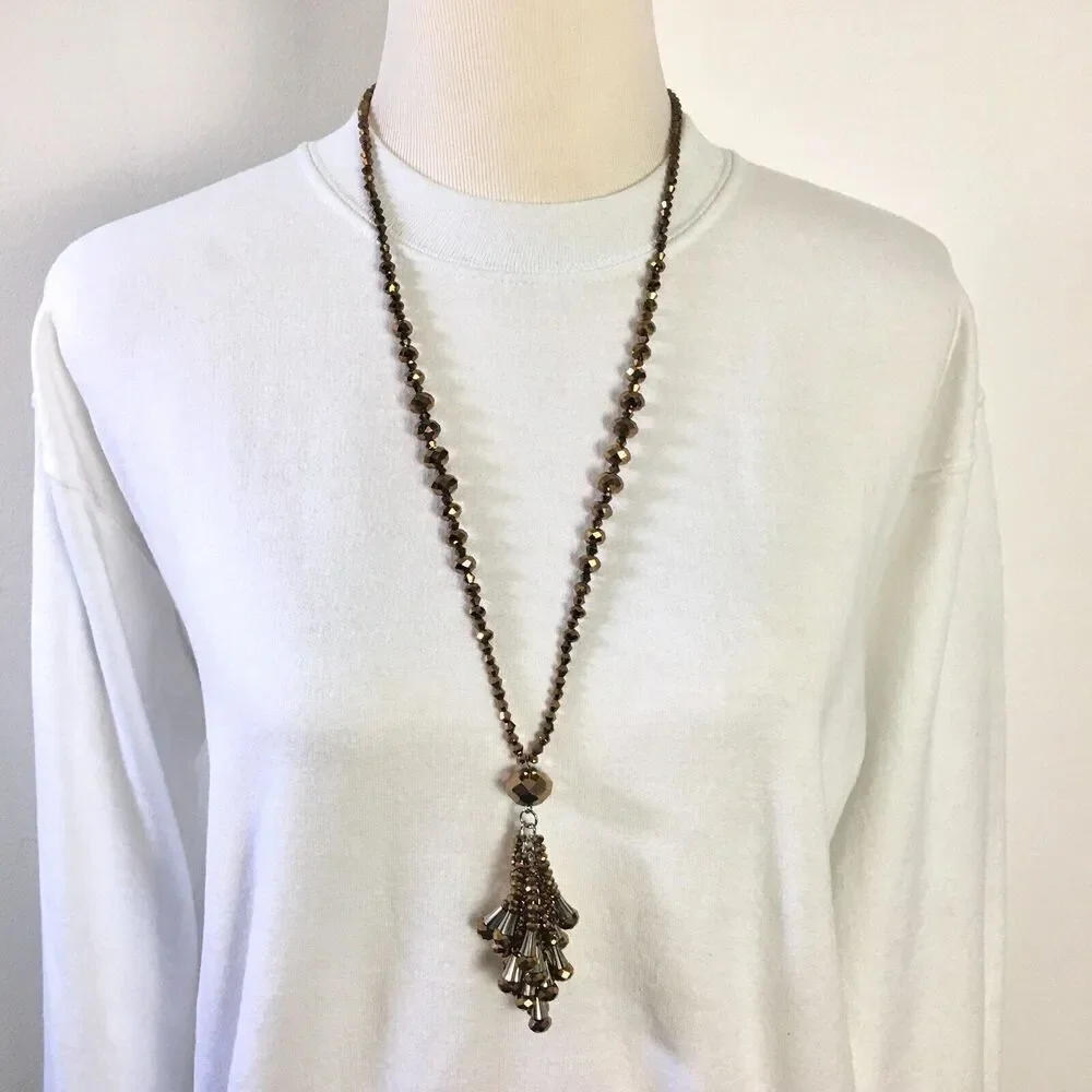 Handmade Tassel Necklace 33in Bronze Metallic Coated Glass Beads